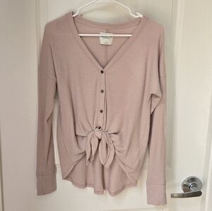 Abercrombie & Fitch Pink Cozy Ribbed Tie Front Button-Up Top